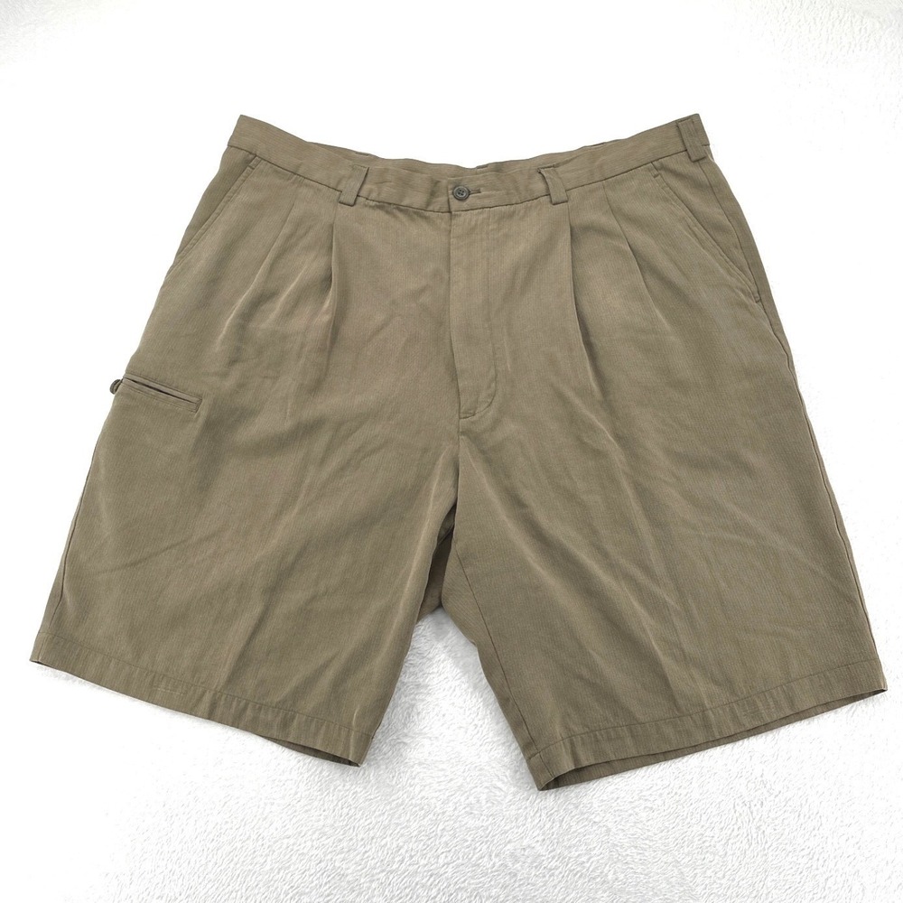 Caribbean Mens Brown 100% Silk Pleated Casual Shorts Utility Pocket Size 40